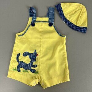 Baby Overalls Outfit Yellow Blue Dog and Hat Vintage
